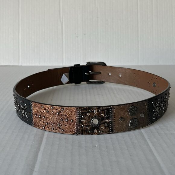 Y2K FOSSIL Leather Patchwork Belt  Small Floral Studded Tooled Western Vintage main image 10